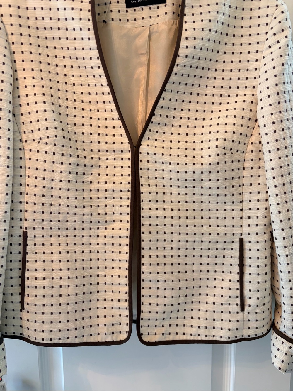 Jones New York Cream Open-Front Textured Dot Blazer with Dark Trim - Picture 7 of 14